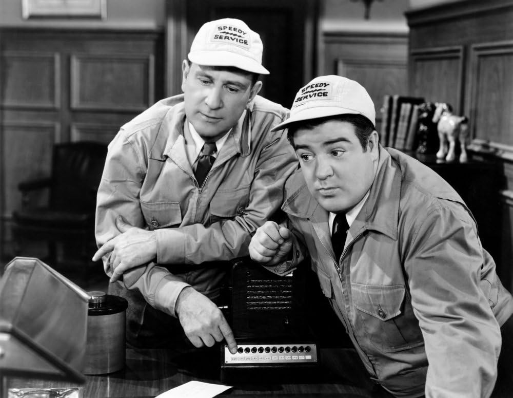 Bud Abbott and Lou Costello as window washers in "The Noose Hangs High"