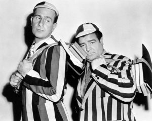 Bud Abbott and Lou Costello in a publicity photo for "Here Come the Co-Eds"