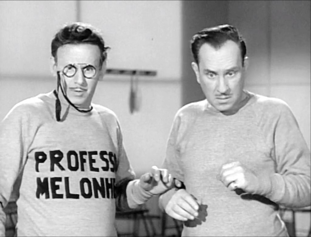 Professor Melonhead and Bud Abbott react to Lou getting tossed around in "Police Rookies"