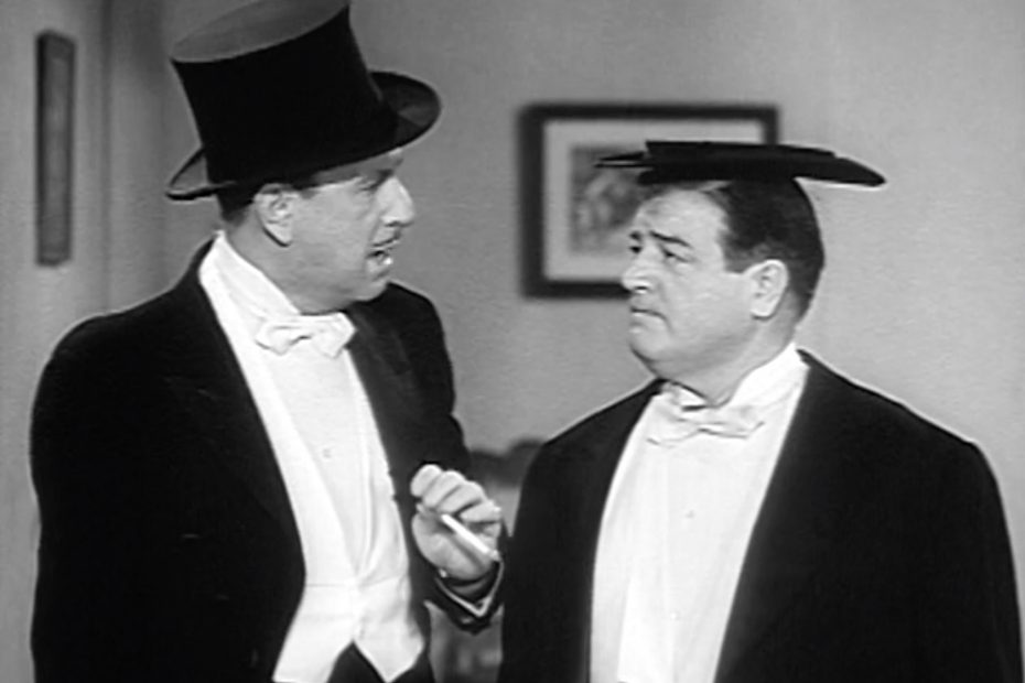 Bud Abbott and Lou Costello in evening clothes for "In Society"