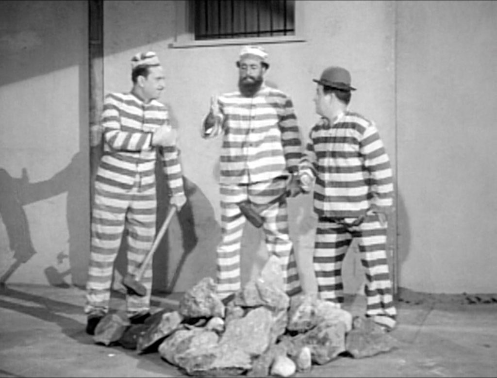 Bud Abbott, Uncle Bozzo, and Lou Costello on the rock pile at the end of "Uncle Bozzo's Visit"
