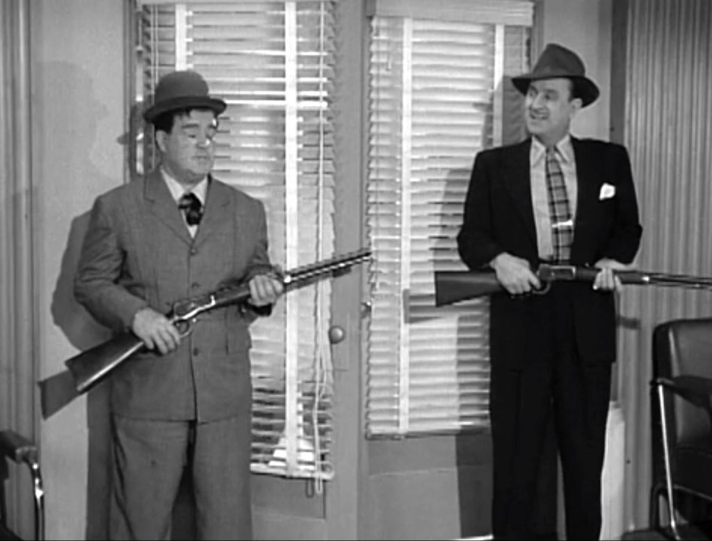 Lou Costello and Bud Abbott as "bank guards" in "Bank Holdup"
