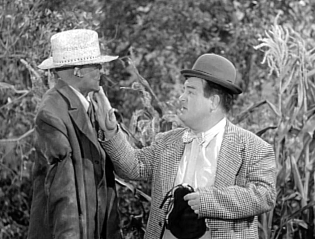 Chasing the hobo, Lou Costello finds a scarecrow in "The Pigeon"