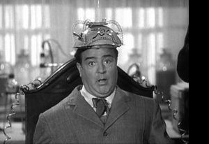 Lou Costello in the mad scientist's machine in "Fencing Master"