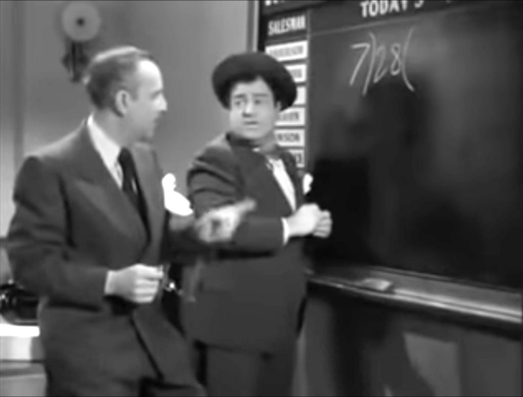 13 x 7 = 28 - the classic Abbott and Costello routine, where Lou Costello tries to prove that 13 x 7 Is 28