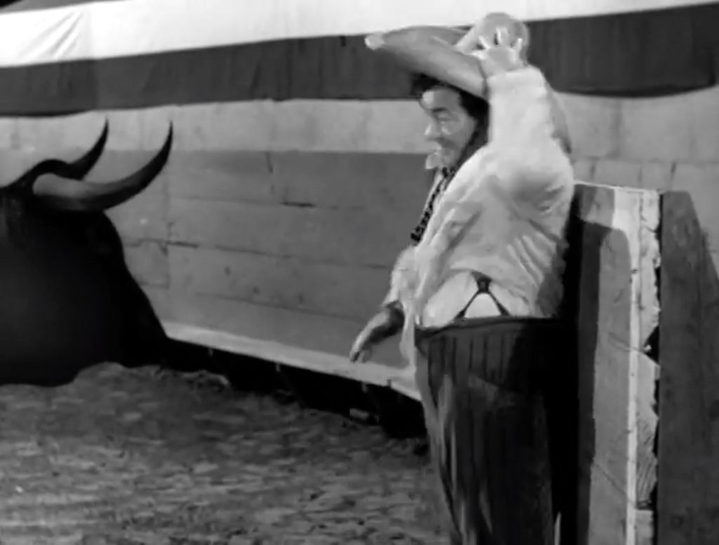 The angry bull confronts Lou Costello in the bull ring in "Mexican Hayride"