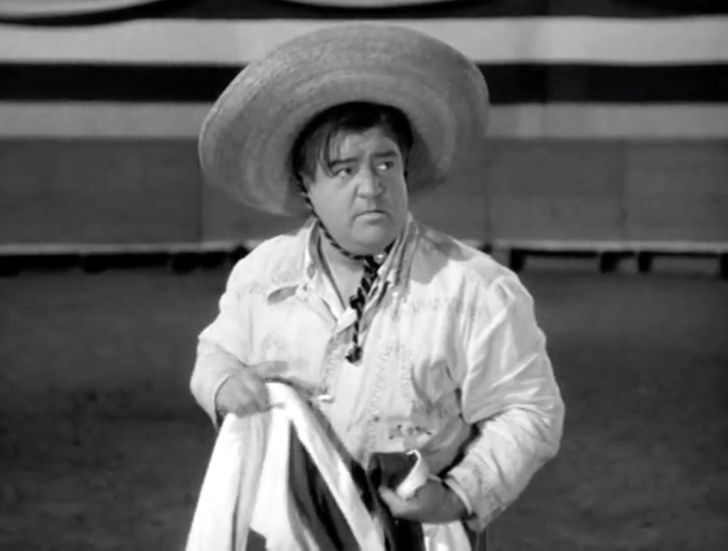 For once, Lou Costello's uncontrollable dancing to the Samba works in his favor - in the bull ring!