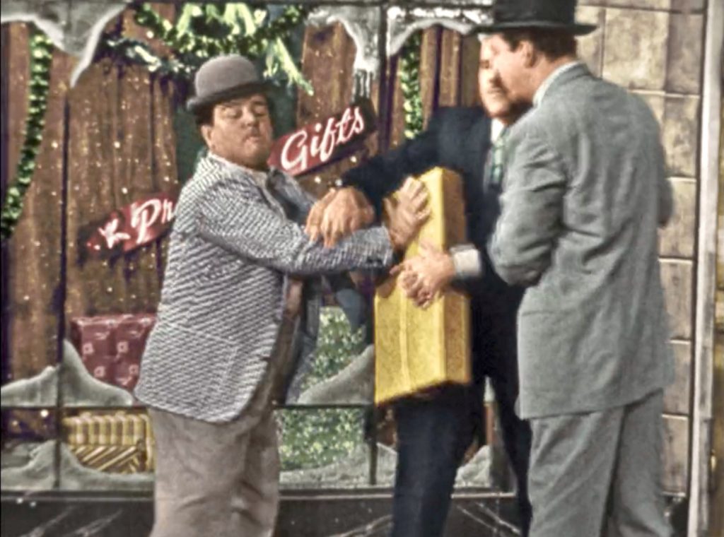Gordon Jones asks, "Who stole my package?" Bud Abbott tries to blame Lou Costello